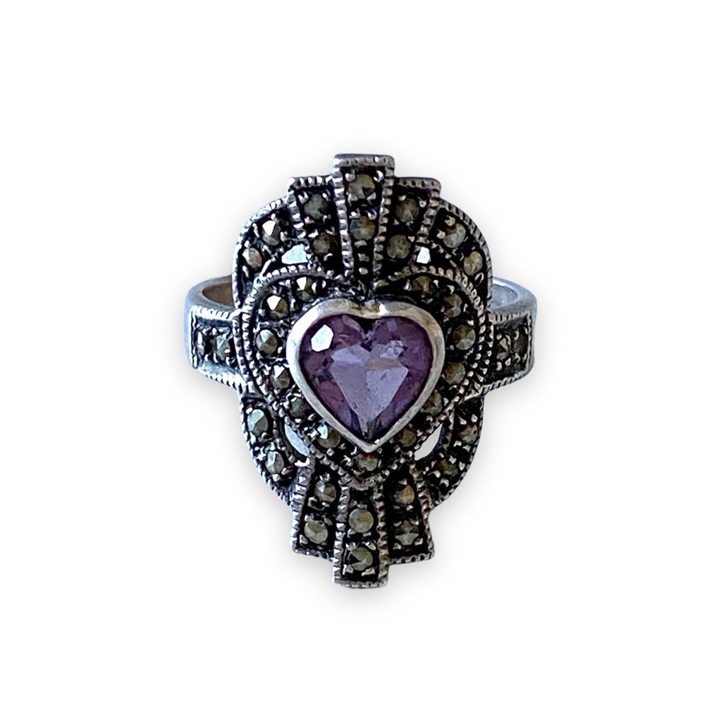 Vintage 925TR Mexico sterling silver amethyst marcasite ring - Picture 1 of 13